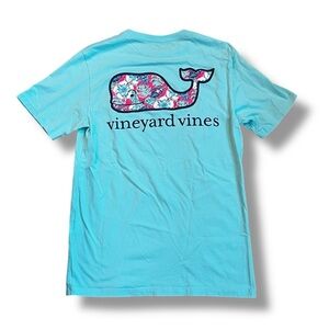 Vineyard Vines Tee Shirt Tropical Print Whale Aqua Pink Short Sleeve Cotton XS